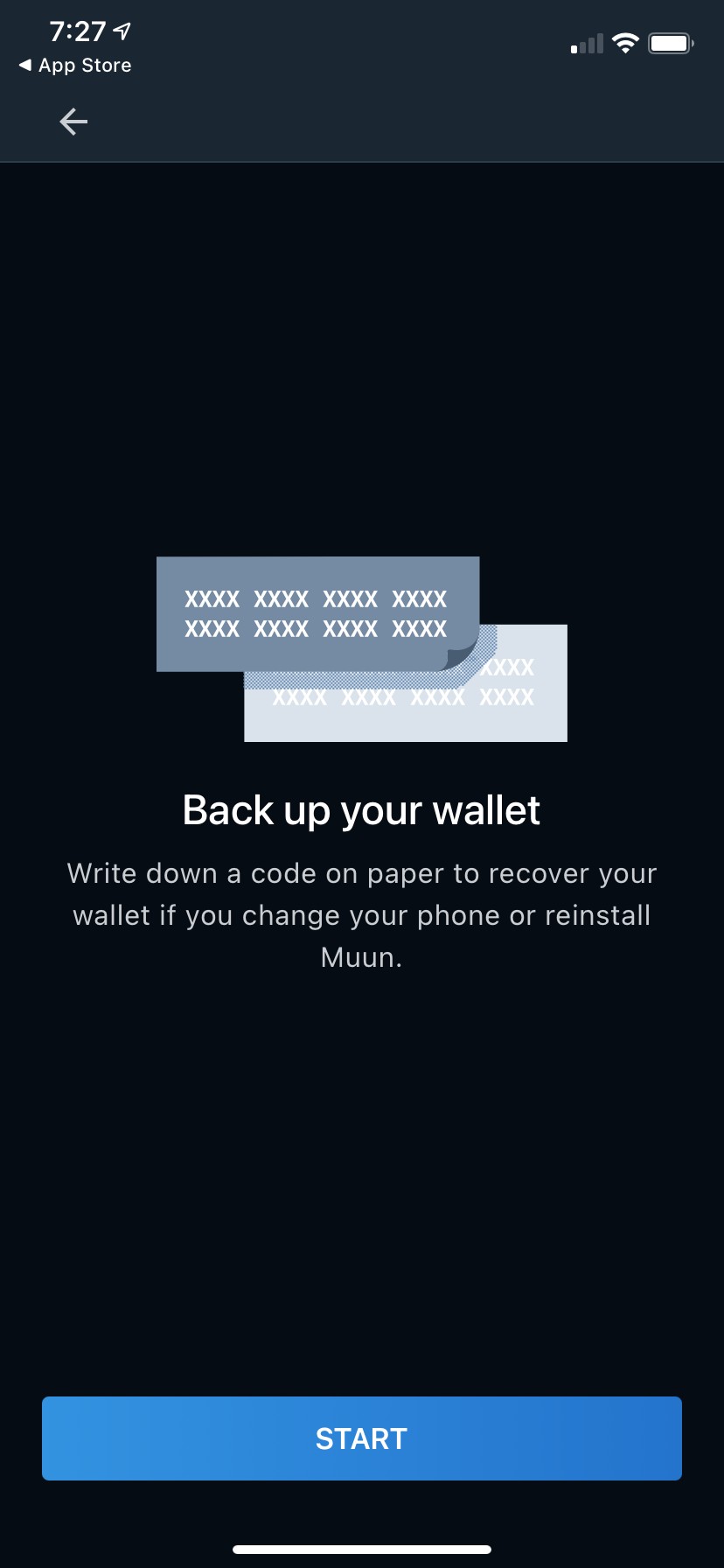 Alternative backup setup screen with recovery phrase illustration