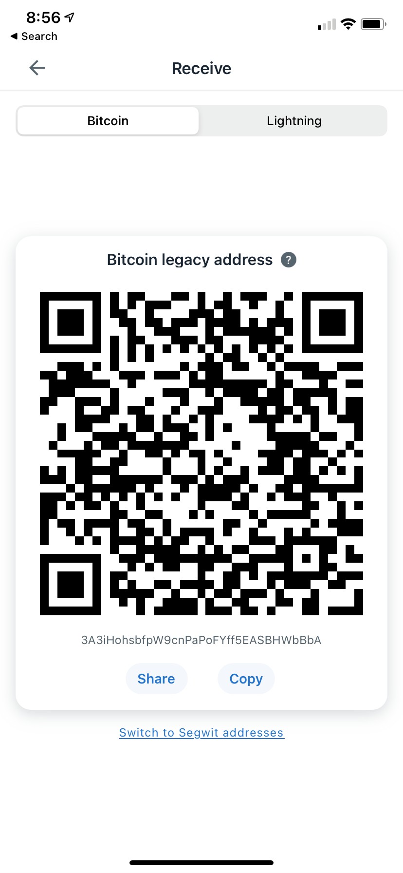 Bitcoin receive screen with legacy address QR code