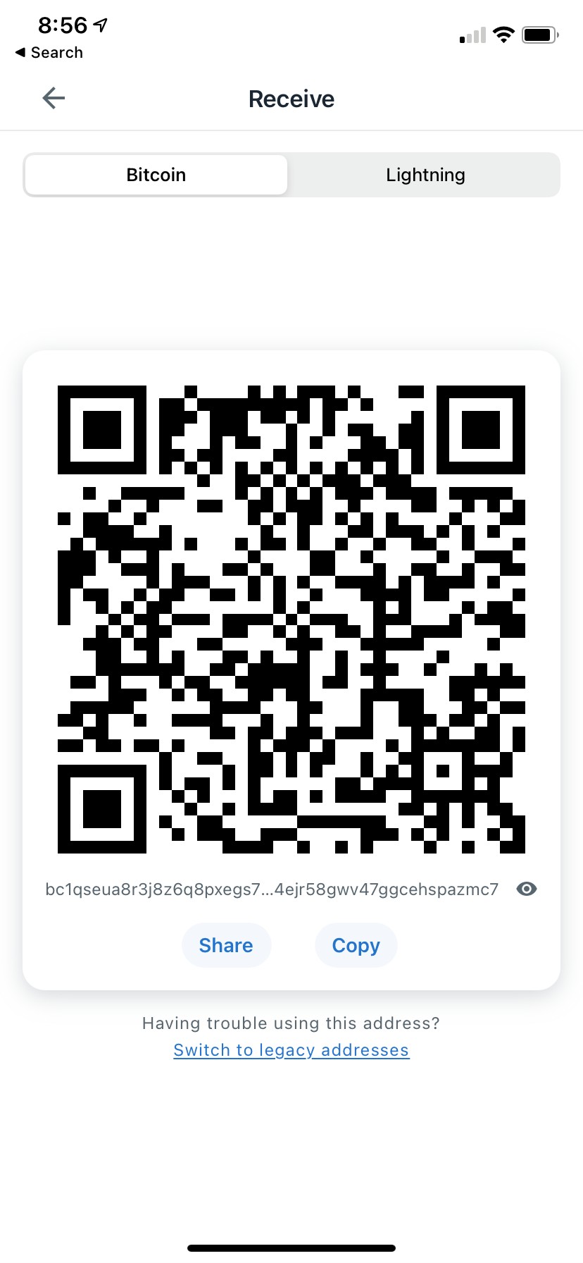 Bitcoin receive screen with Segwit address QR code