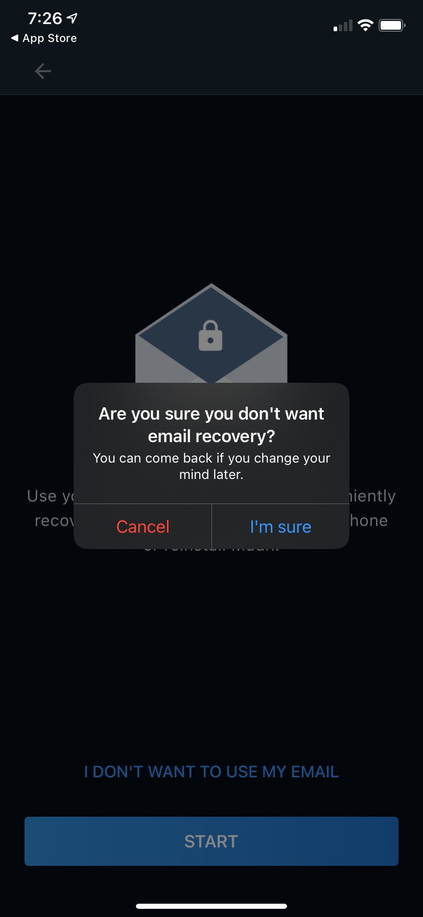 Email backup confirmation dialog