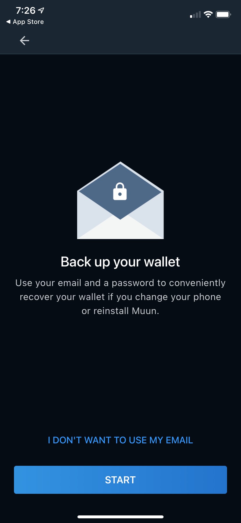 Email backup setup screen