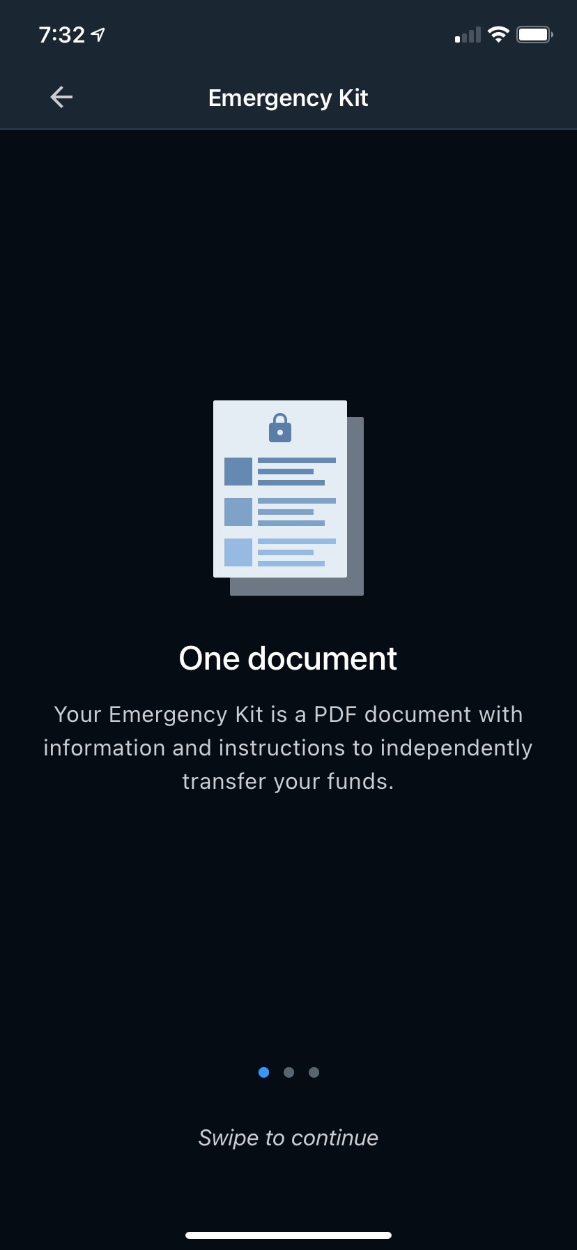Emergency Kit intro screen explaining PDF document
