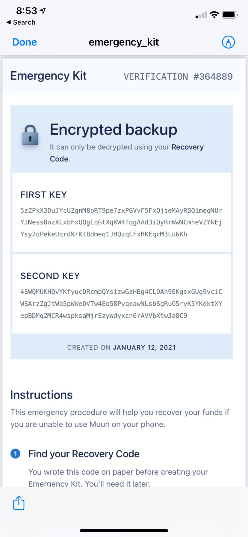 Emergency Kit PDF view showing encrypted keys