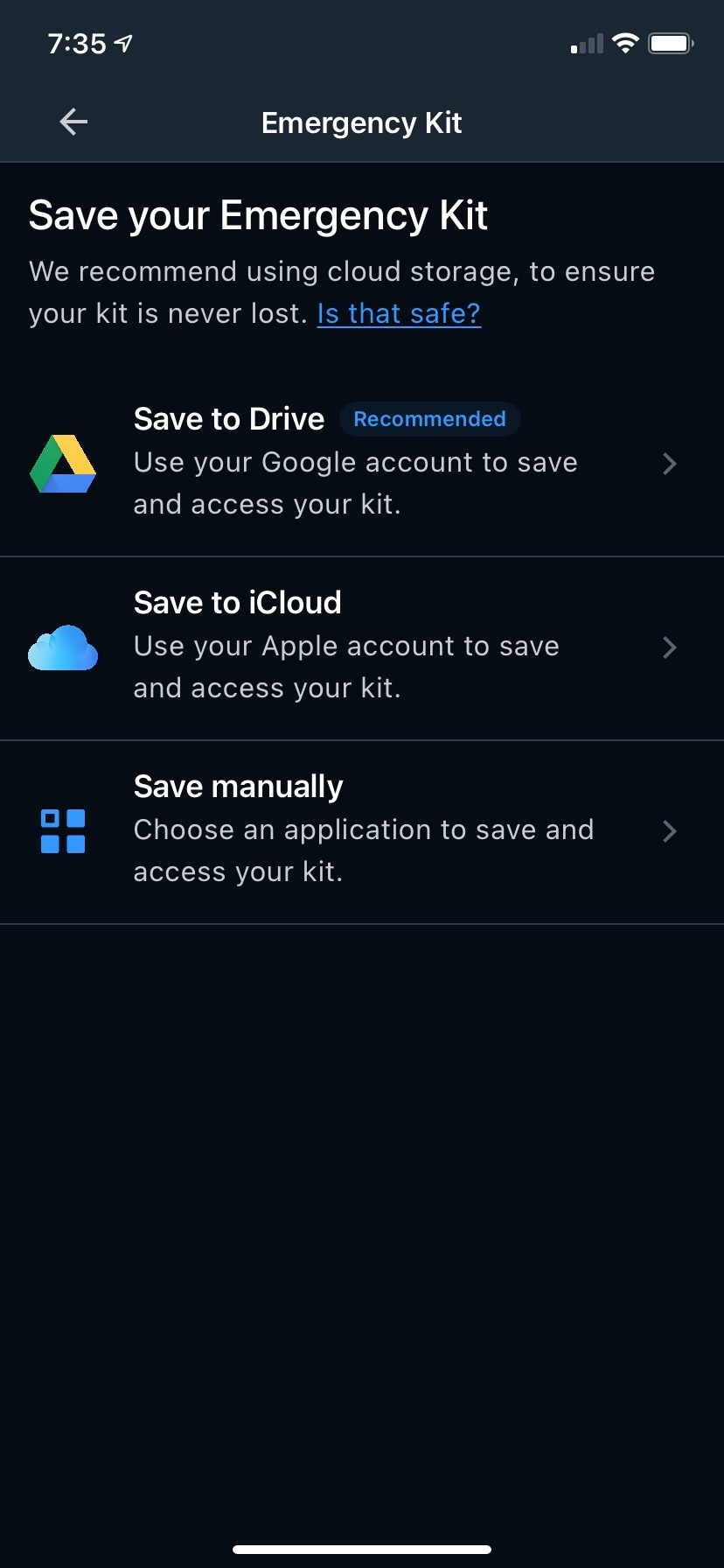 Emergency Kit save options screen