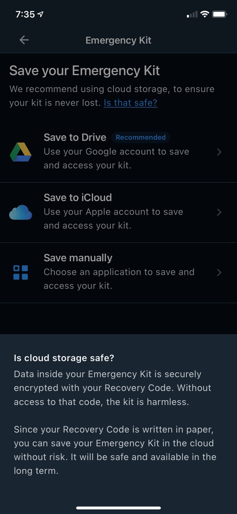 Emergency Kit save options with cloud storage safety explanation