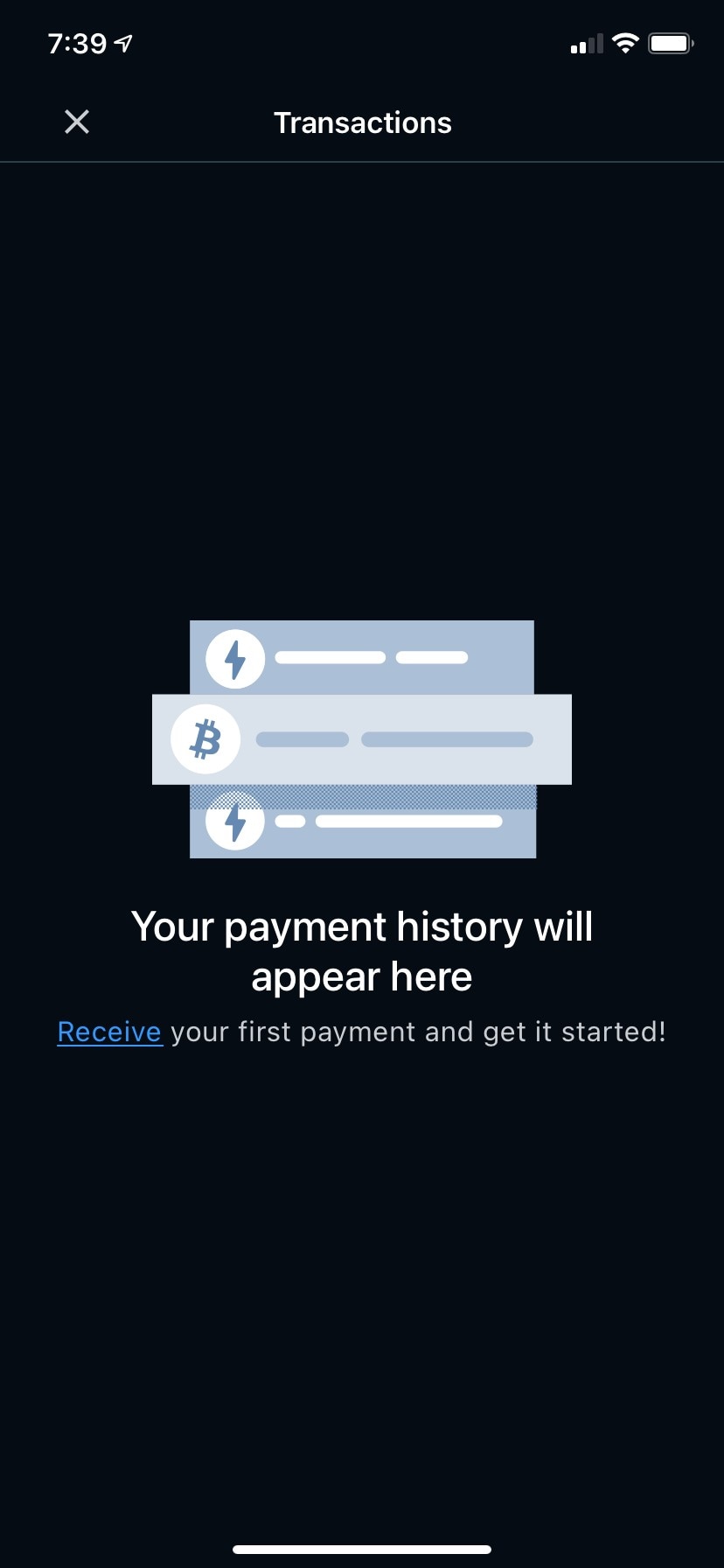 Empty transactions screen with payment history placeholder