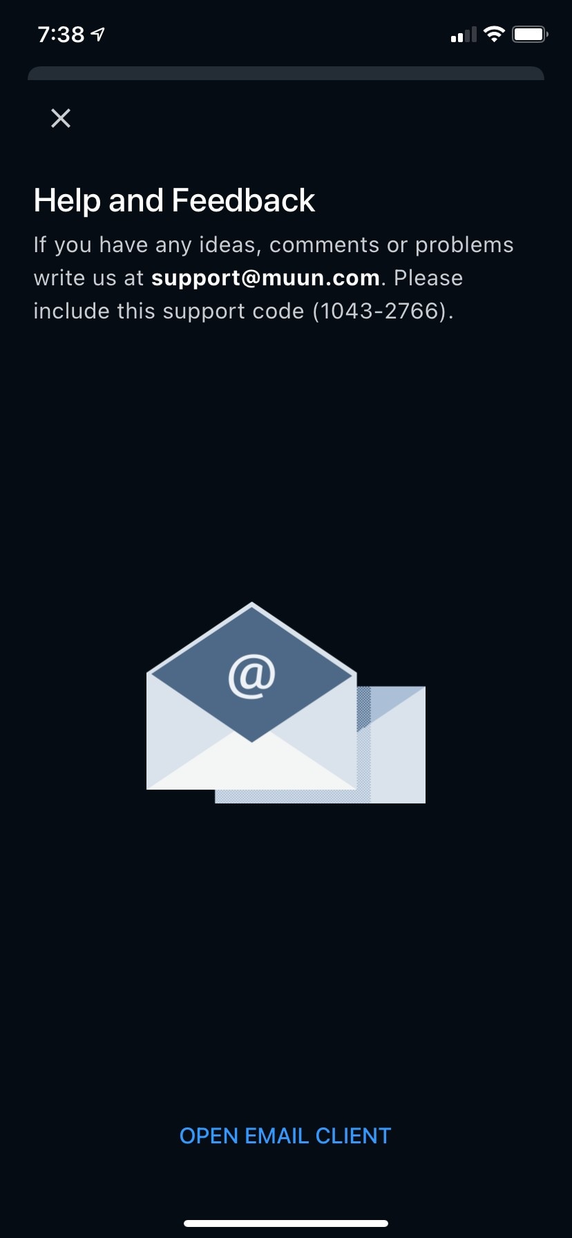 Help and feedback screen with support email