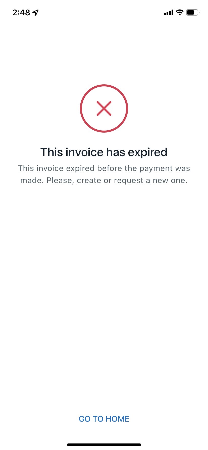 Invoice expired error screen with option to return home