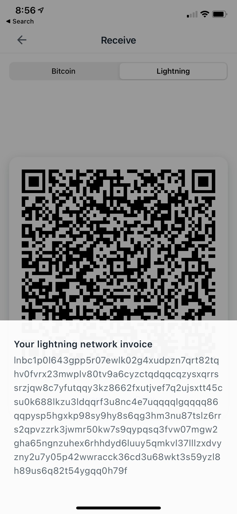 Lightning invoice details modal with full invoice string