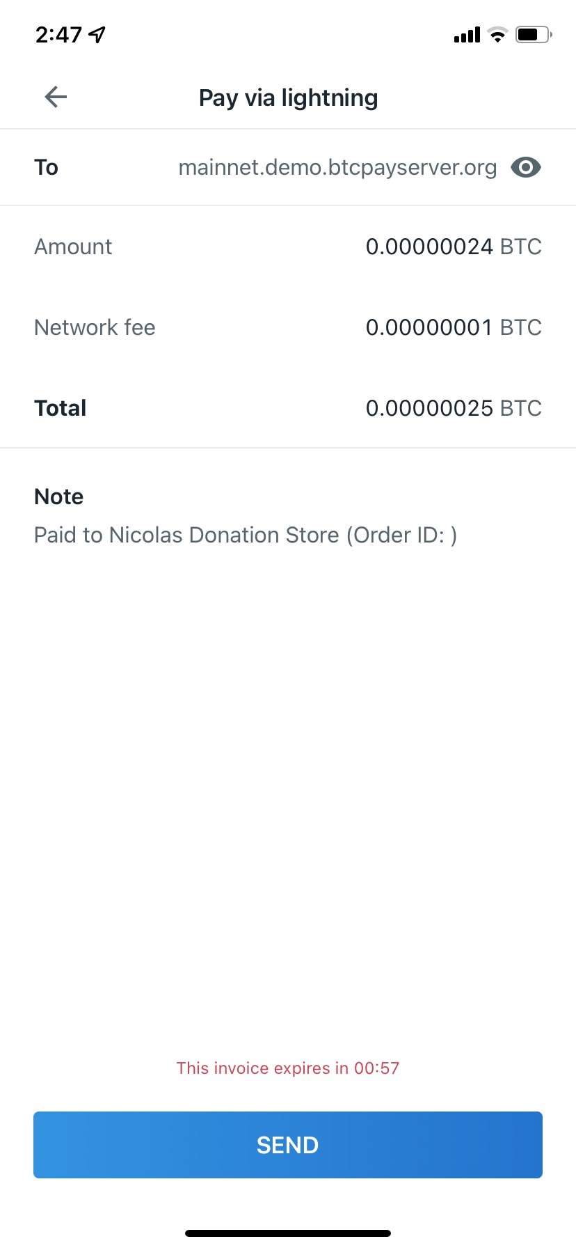 Lightning payment screen with invoice about to expire in 57 seconds