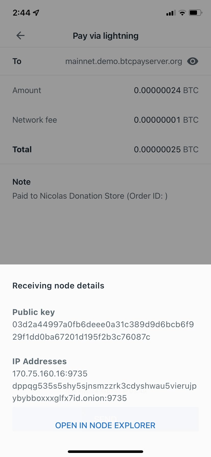 Lightning payment screen showing receiving node details modal