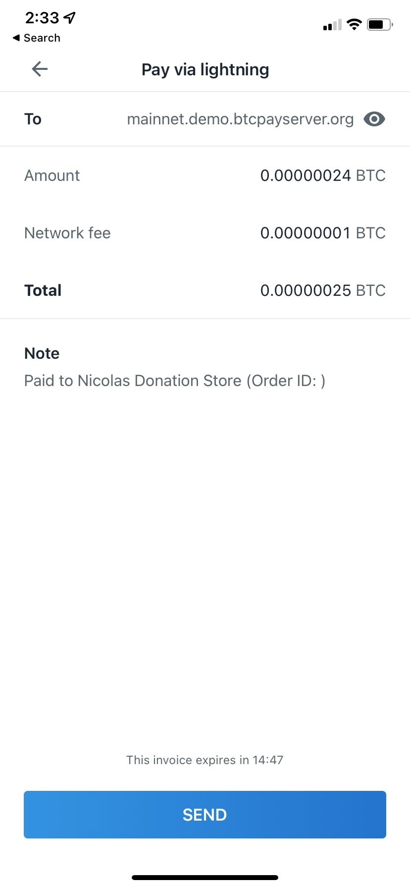 Lightning payment screen with invoice details and 14 minutes remaining