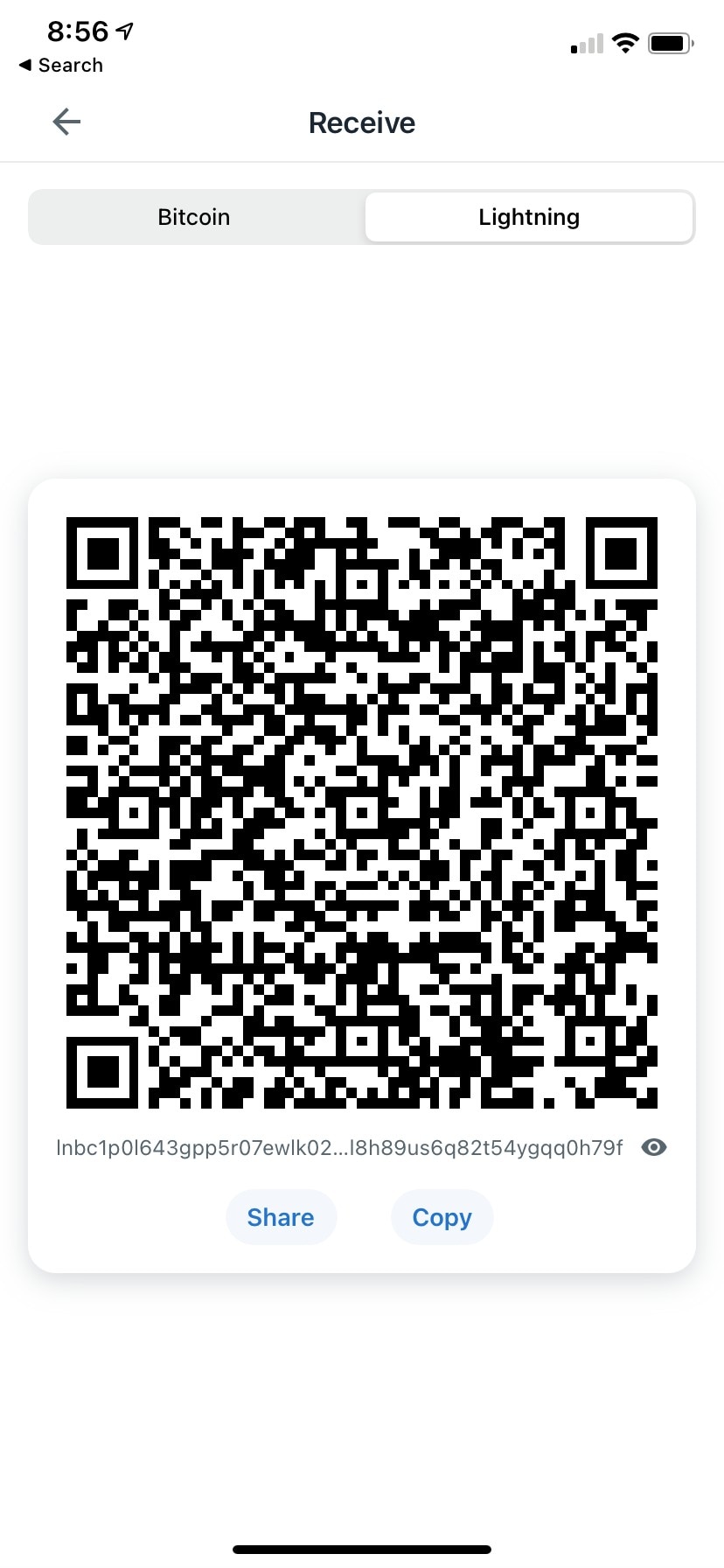 Lightning receive screen with invoice QR code