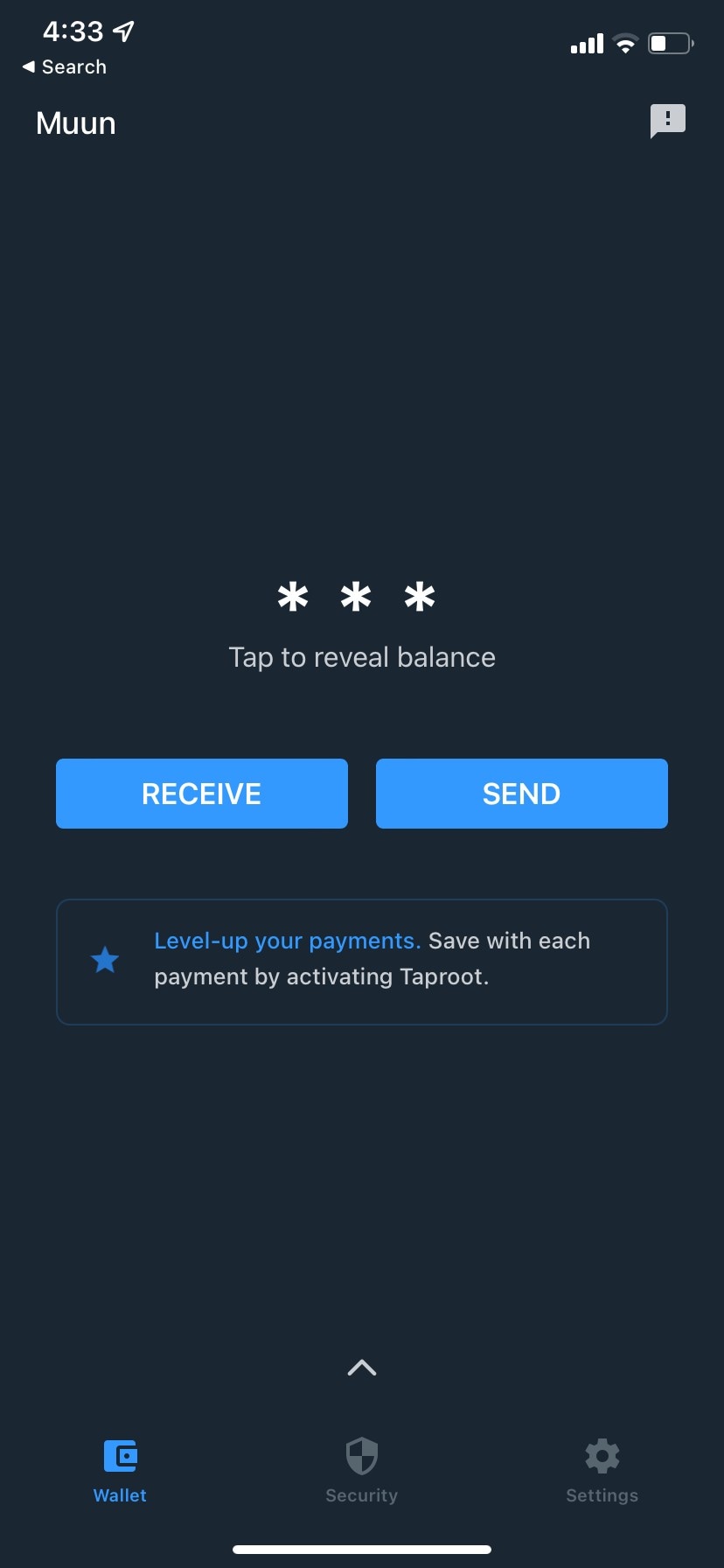 Main wallet screen with hidden balance and Taproot prompt
