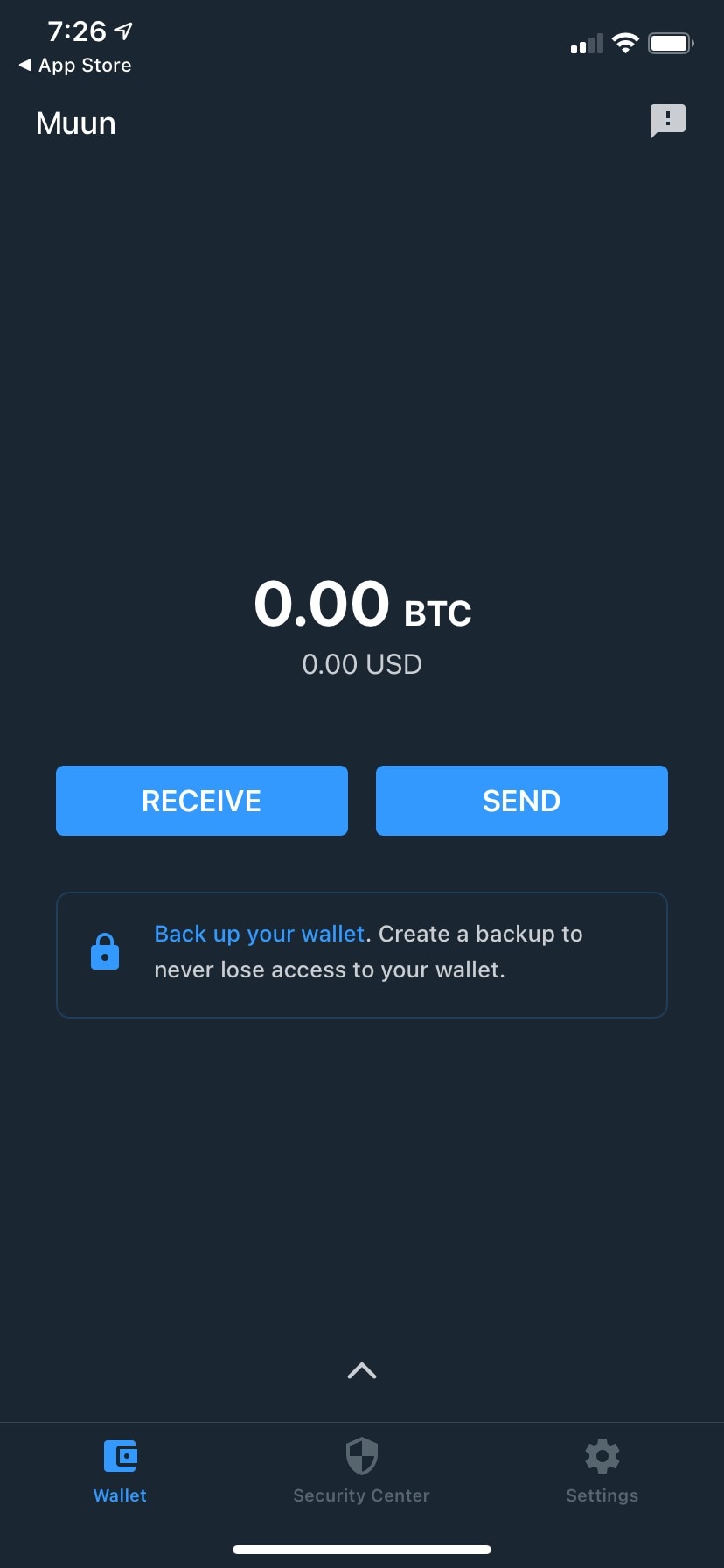 Main wallet screen with zero balance and backup reminder