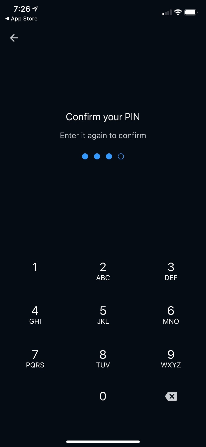 PIN confirmation screen with three digits entered