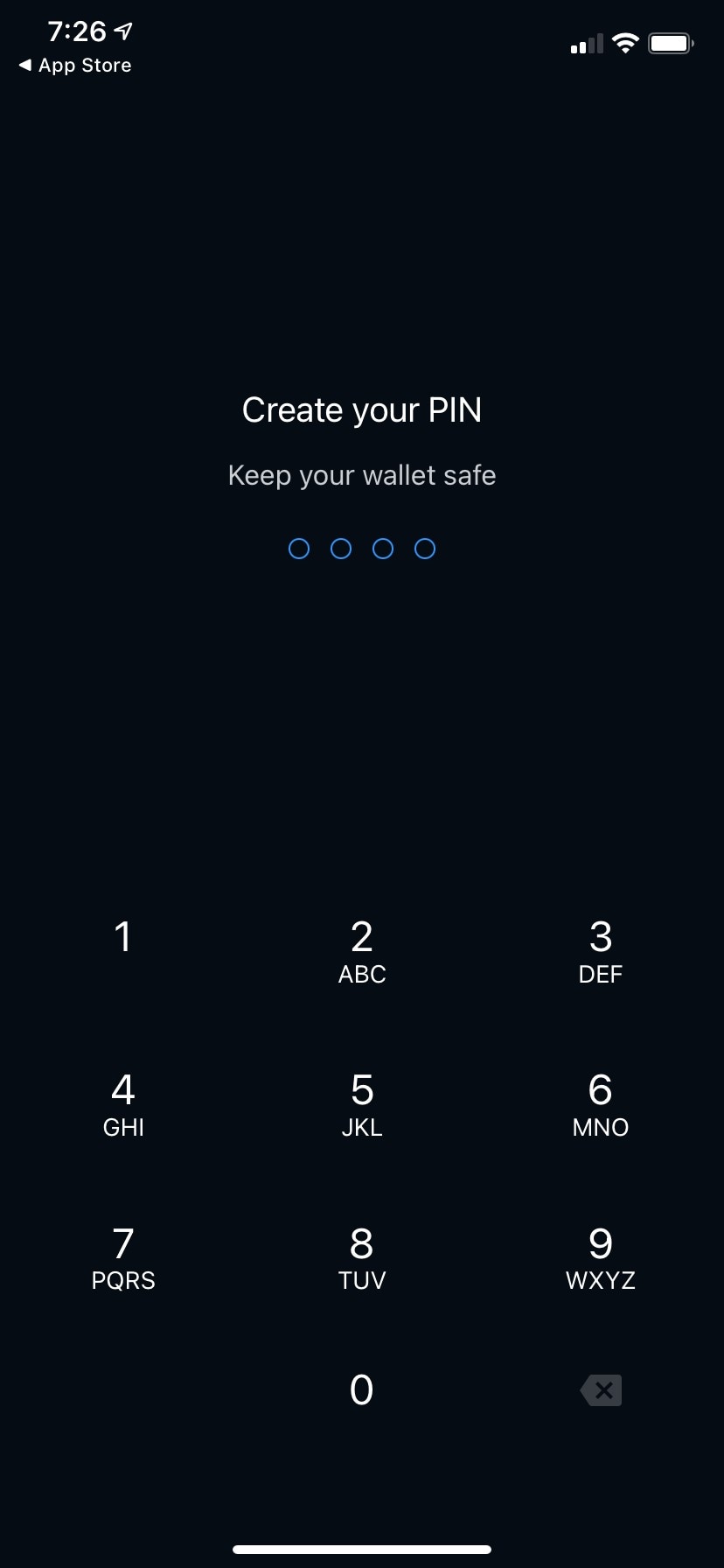 PIN creation screen with numeric keypad