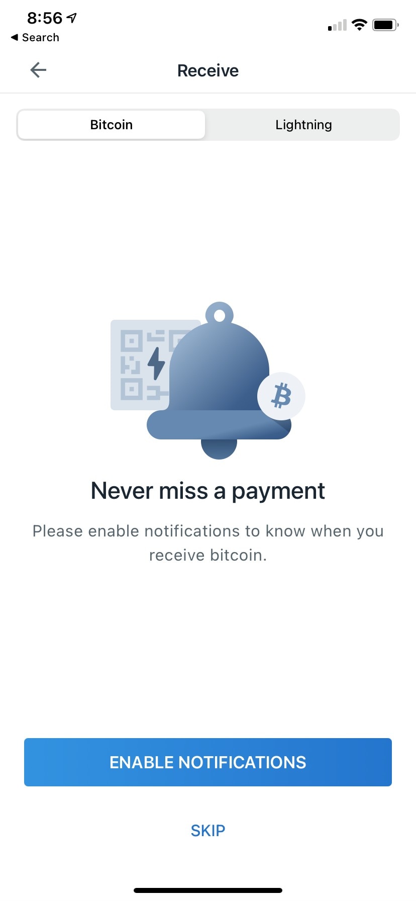 Receive screen with notification prompt for Bitcoin payments