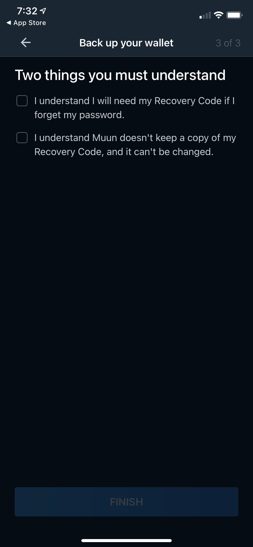 Recovery code acknowledgment screen step 3 of 3