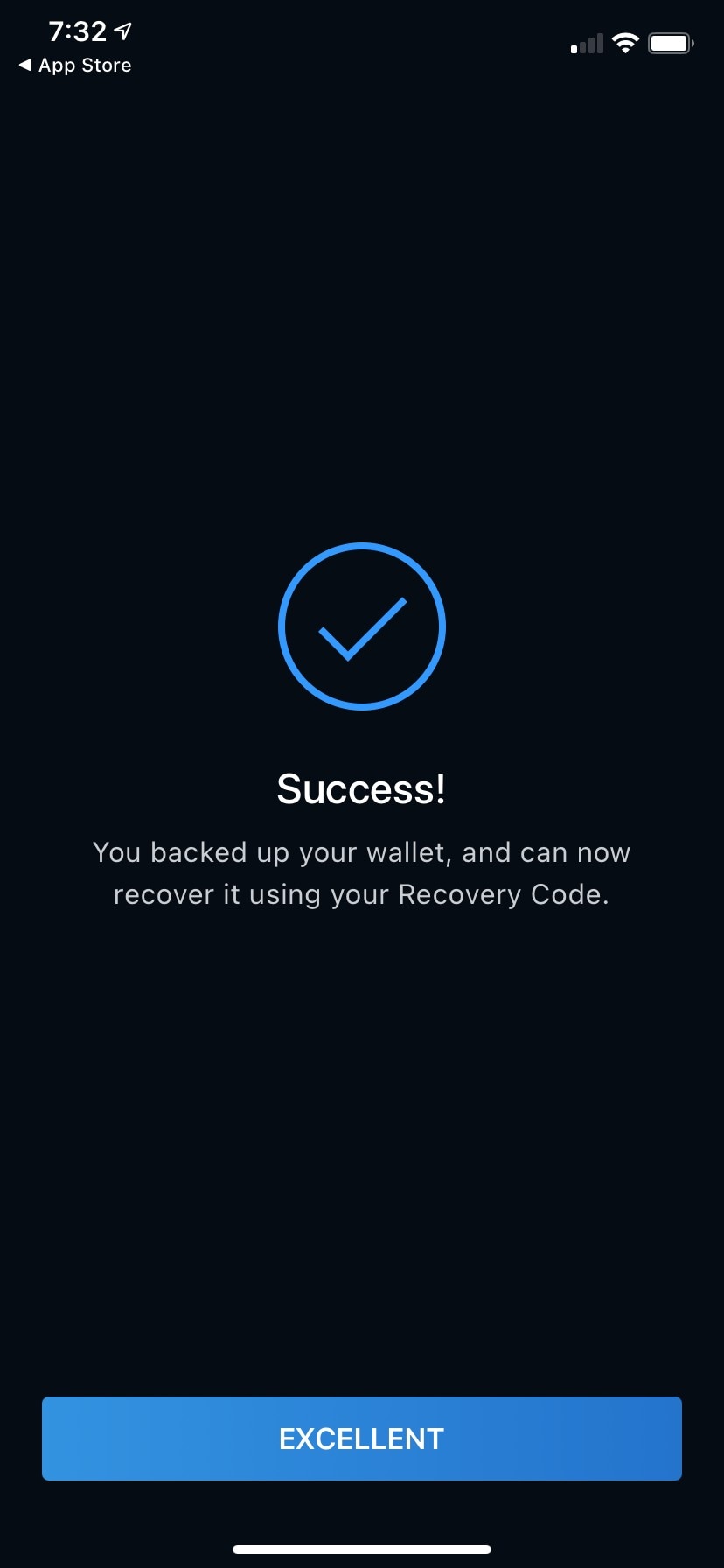 Recovery code backup success screen