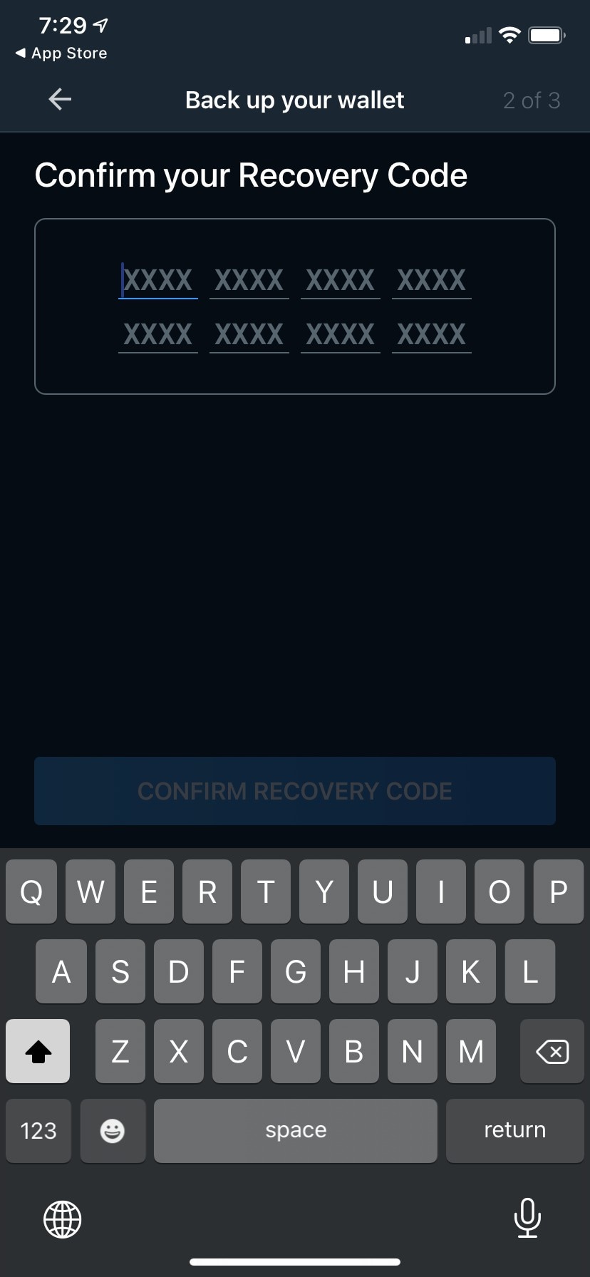 Recovery code confirmation screen step 2 of 3