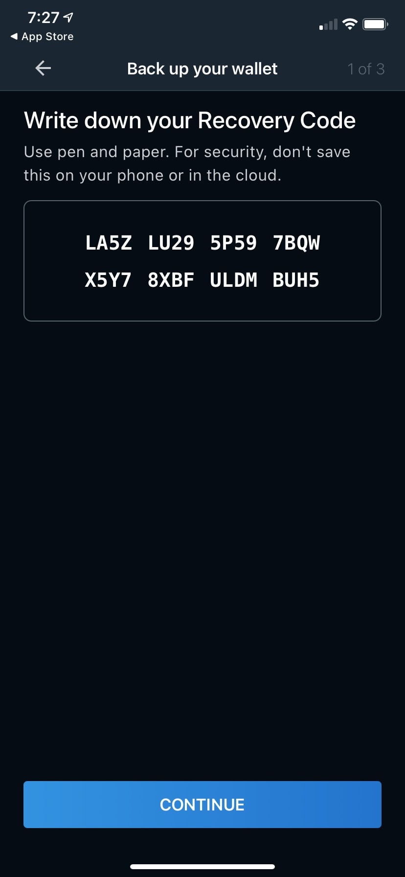 Recovery code display screen step 1 of 3