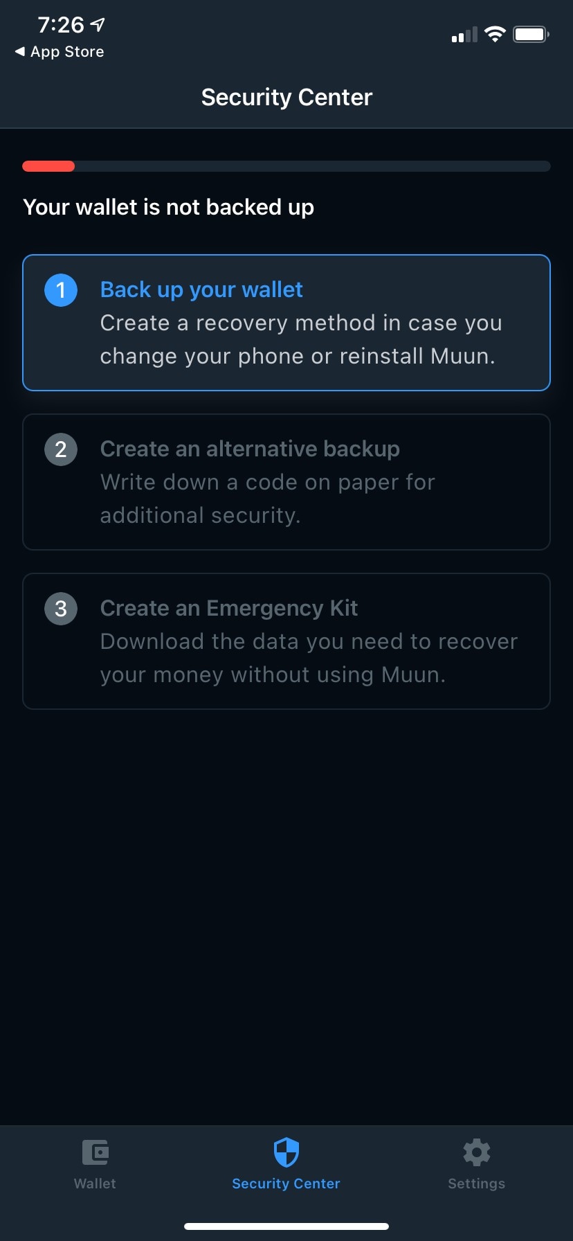 Security Center showing backup options