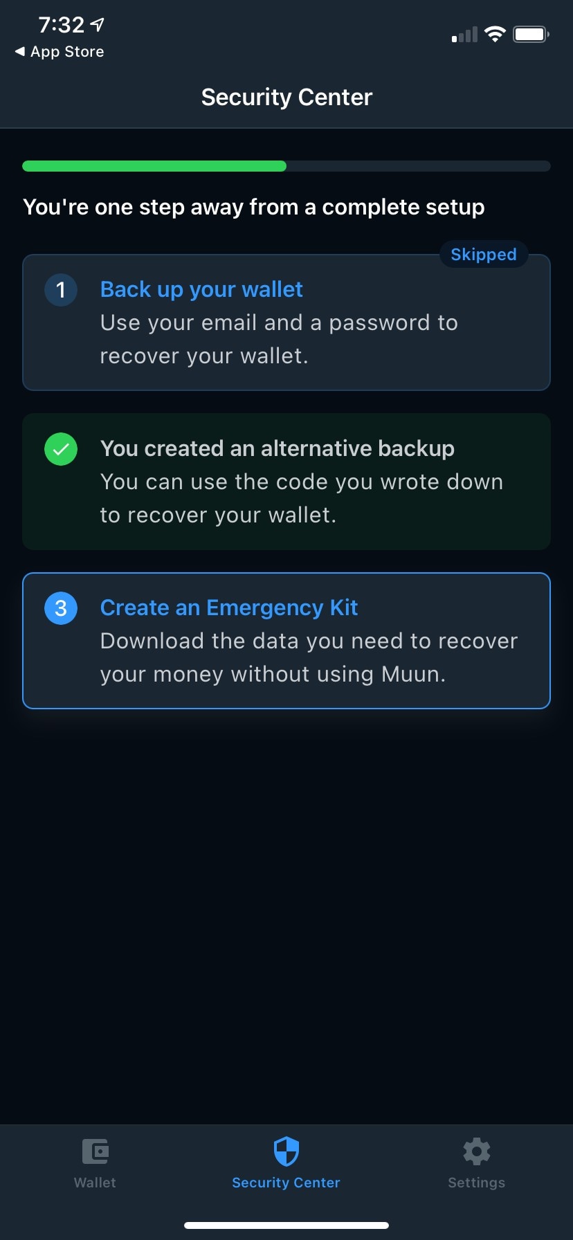 Security Center with alternative backup completed
