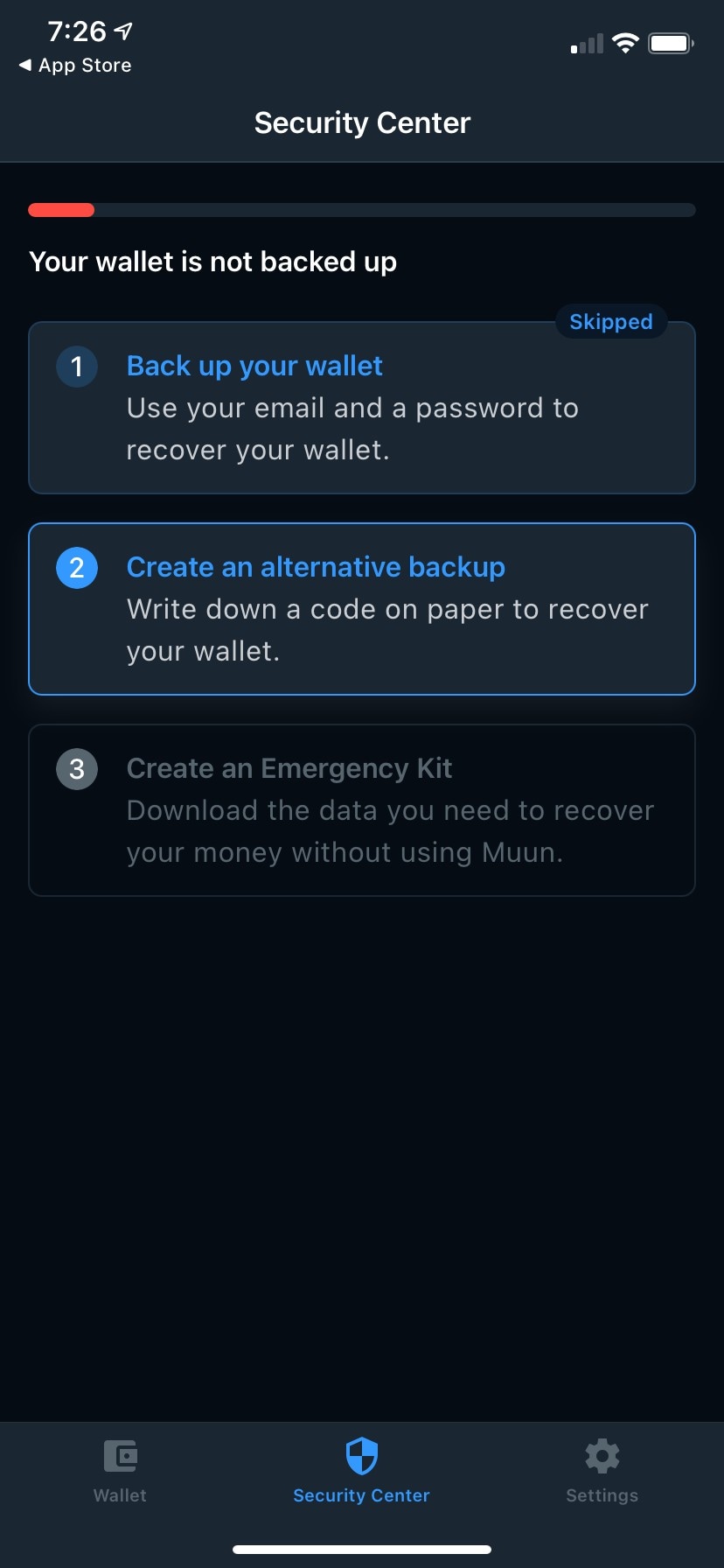 Security Center with email backup skipped