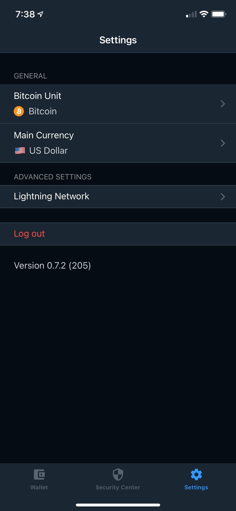 Settings screen with general and advanced options