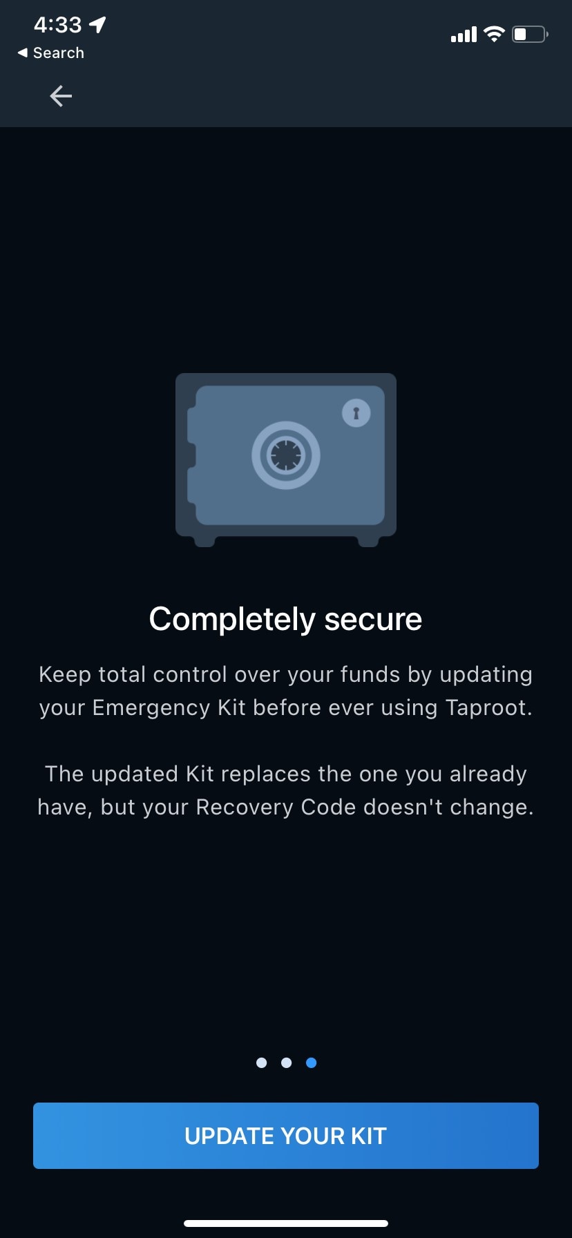 Taproot onboarding - Emergency Kit security screen