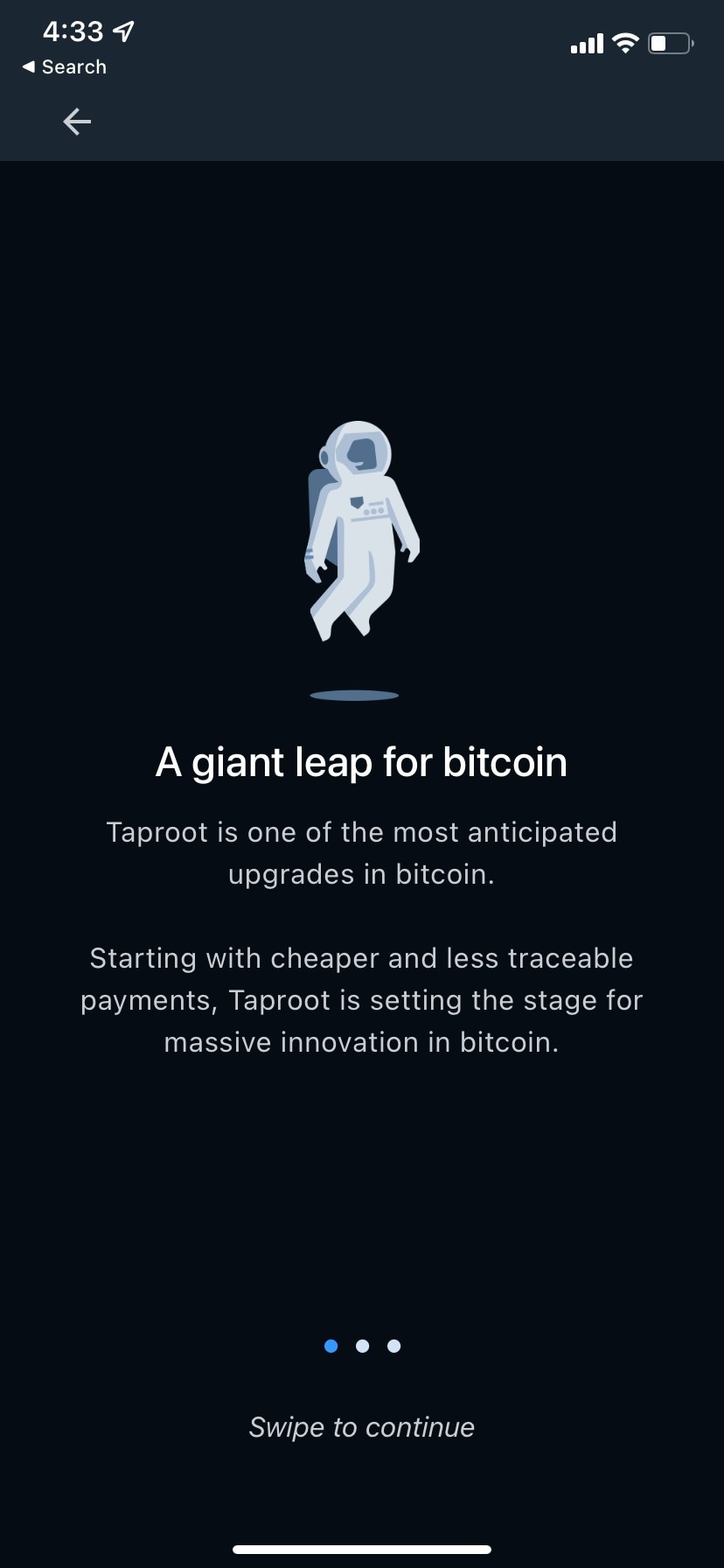 Taproot onboarding - Introduction screen