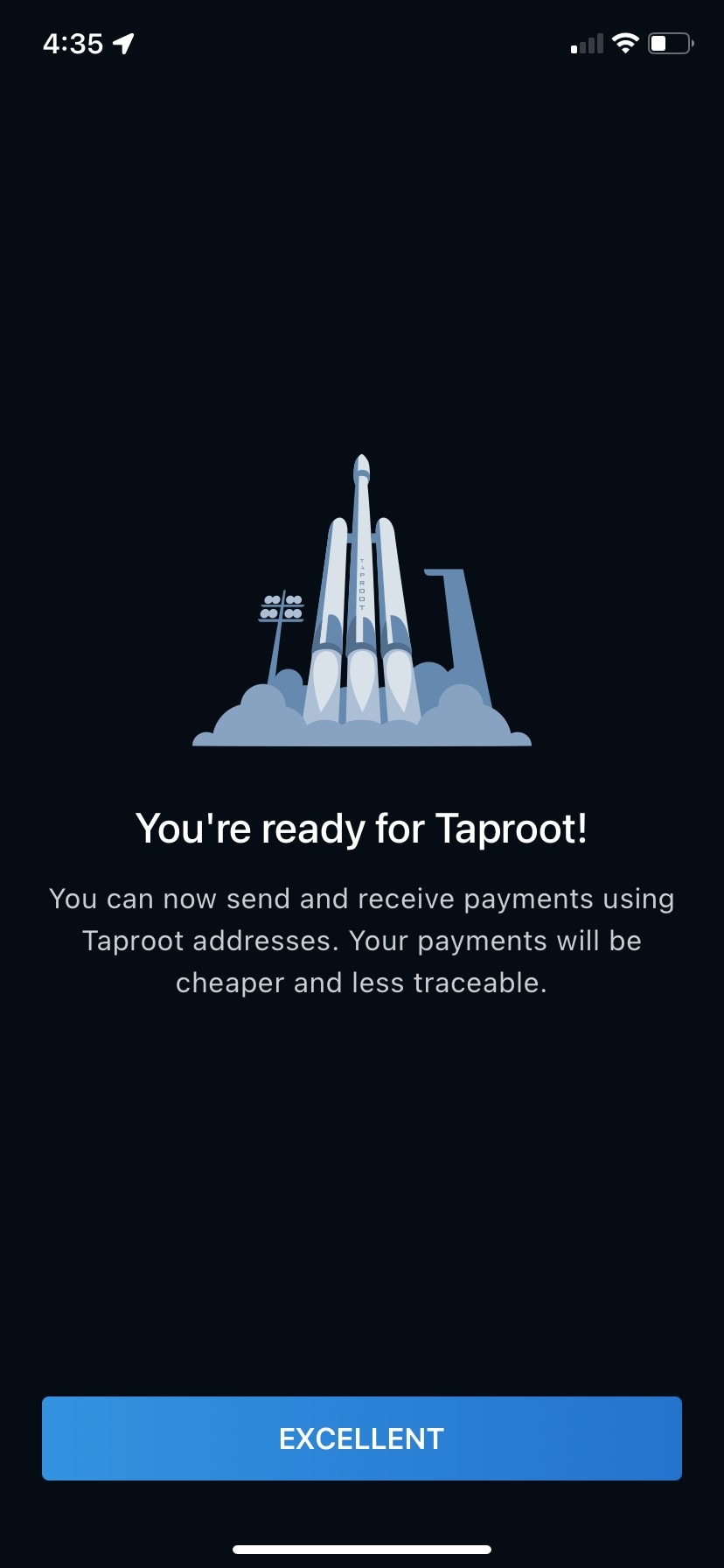 Taproot onboarding - Setup complete success screen