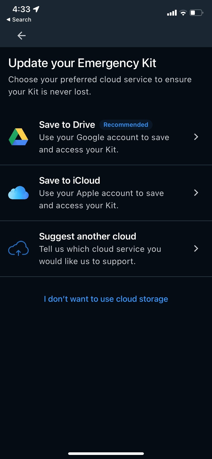 Update Emergency Kit - Cloud storage selection