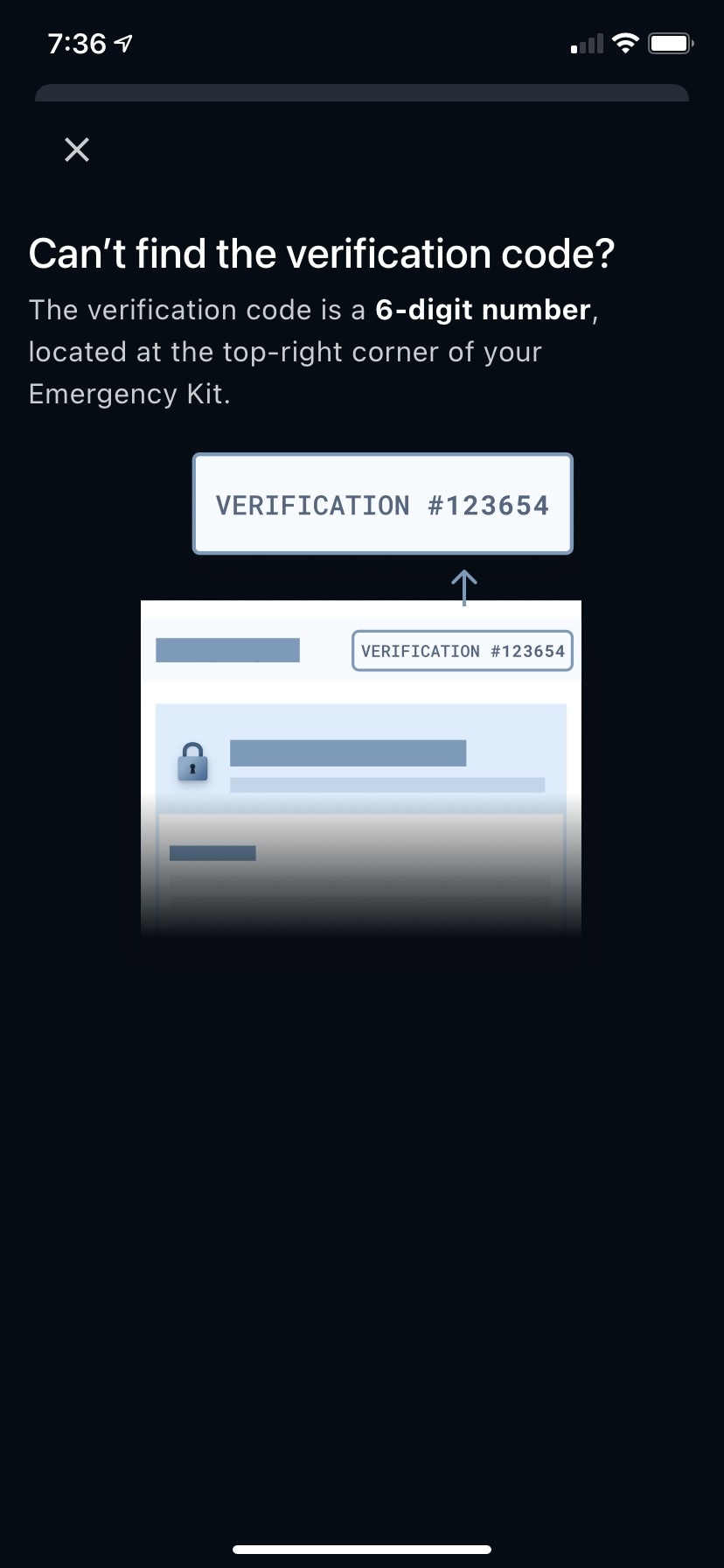 Verification code help modal with location illustration