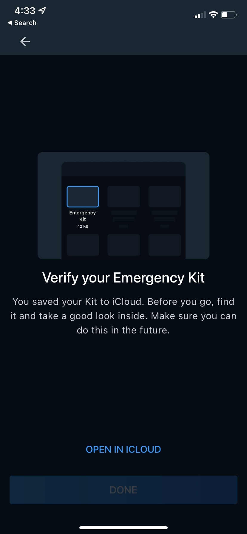 Verify Emergency Kit - Saved to iCloud confirmation