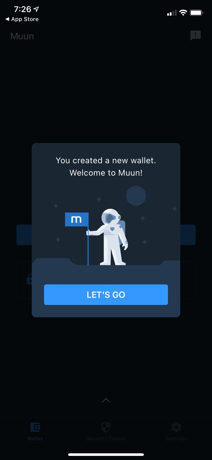 Wallet creation success screen with astronaut illustration