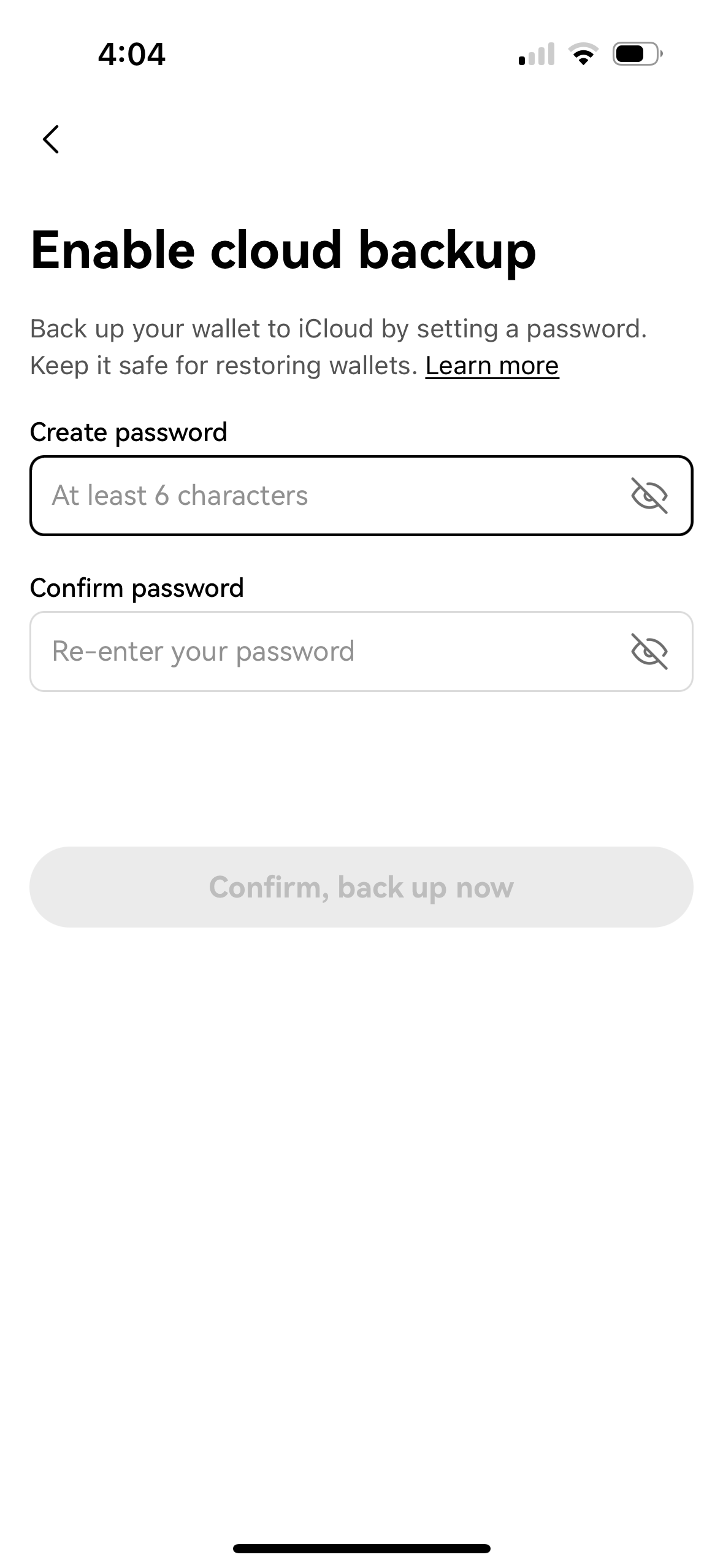 Enable cloud backup password creation