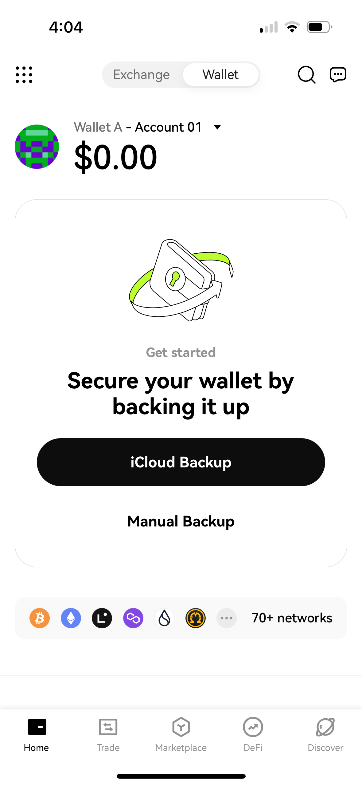 Main wallet screen with backup prompt