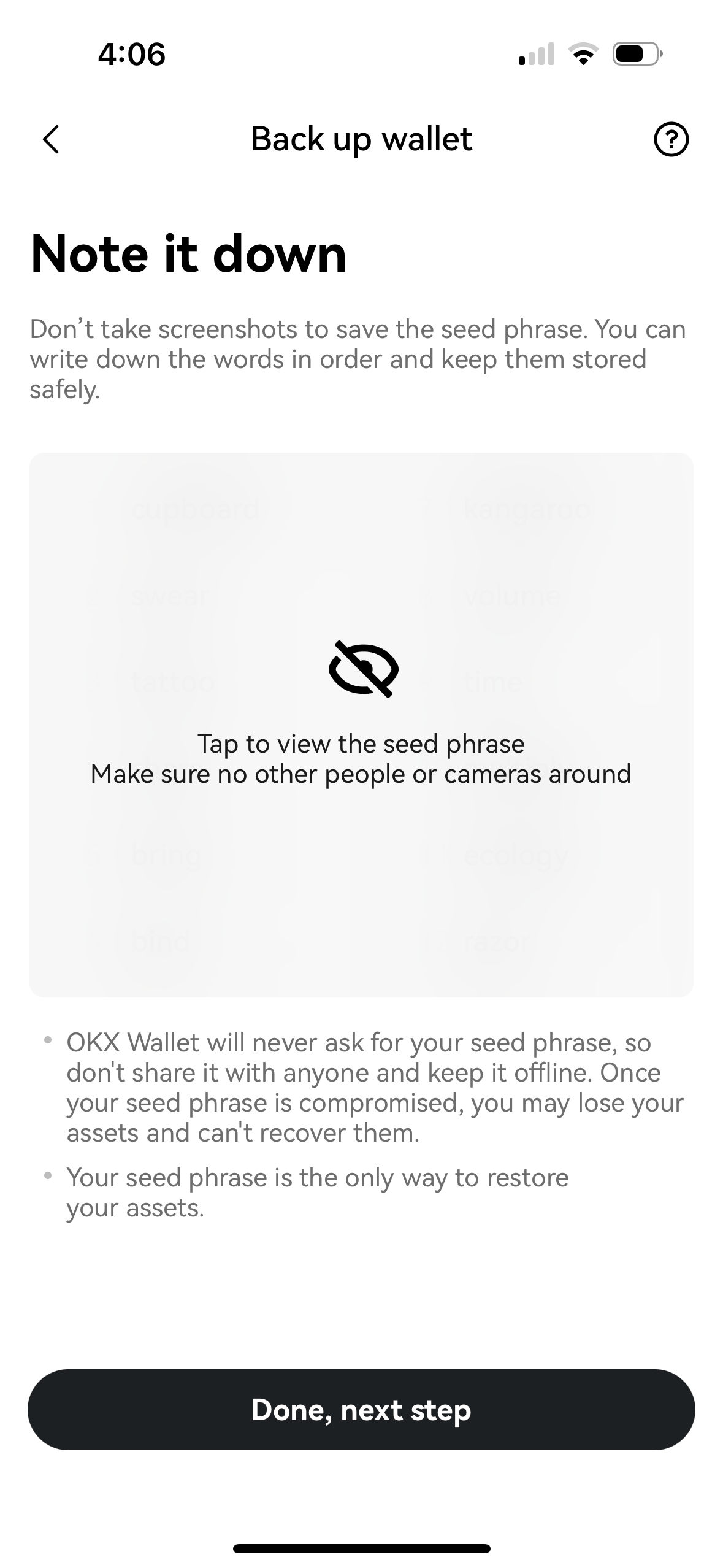 Note it down seed phrase backup screen