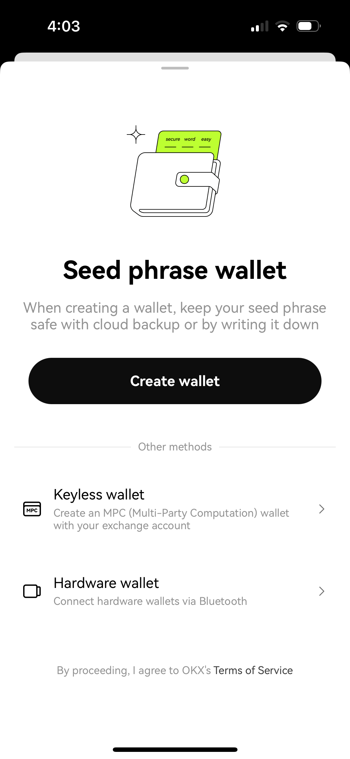 Seed phrase wallet creation screen with wallet options