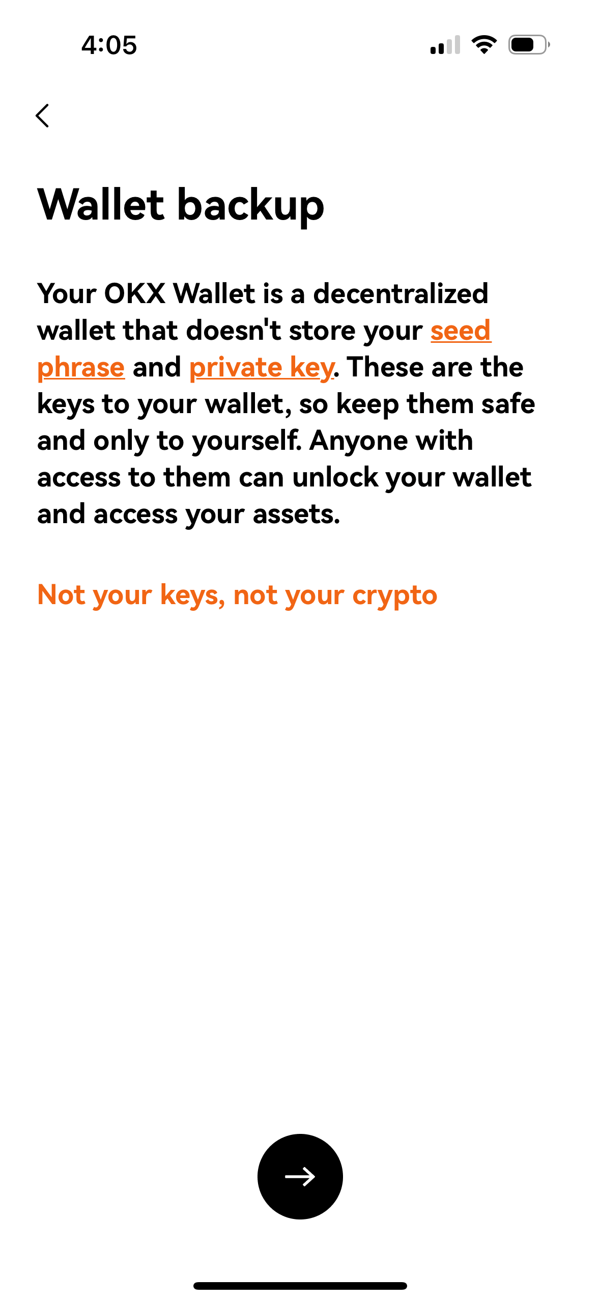 Wallet backup information screen