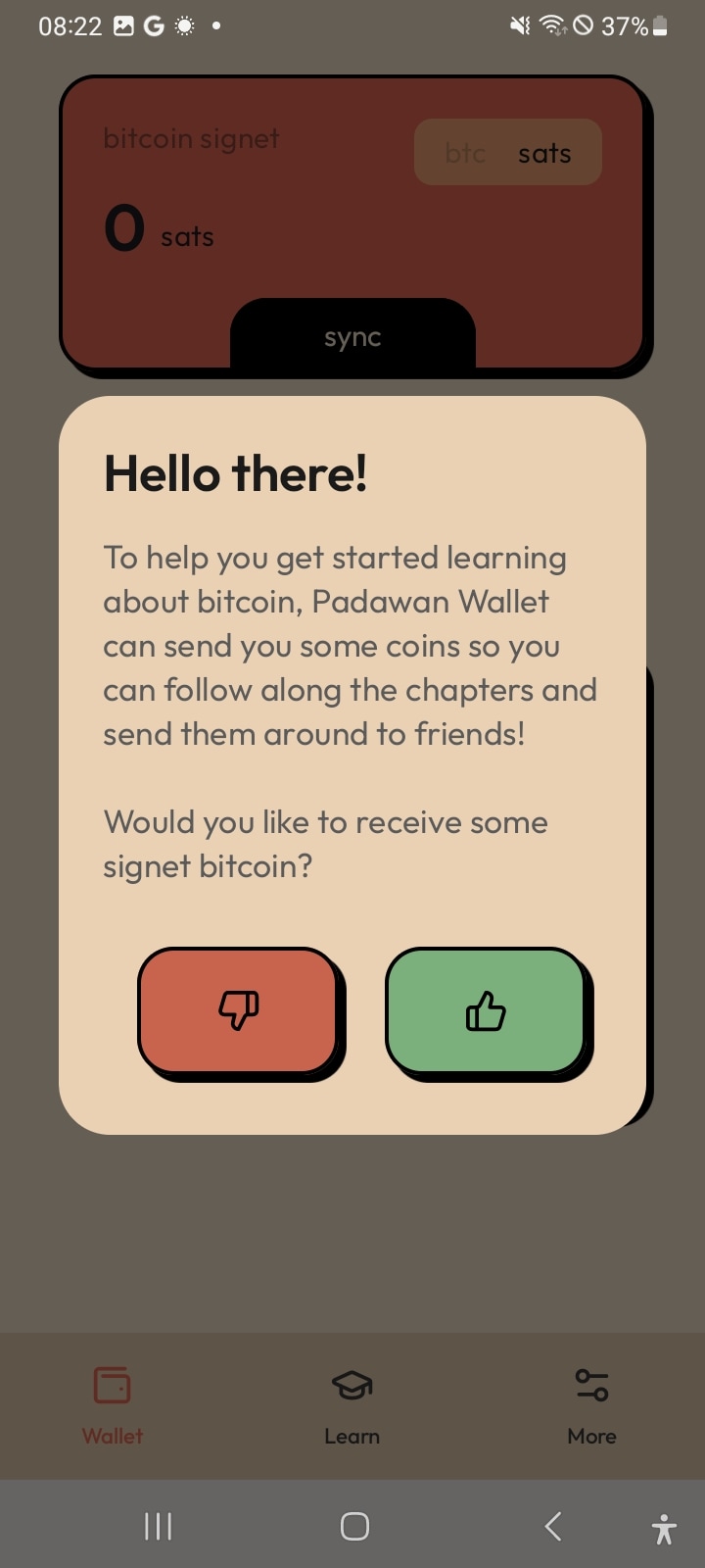 Dialog asking to receive test bitcoin
