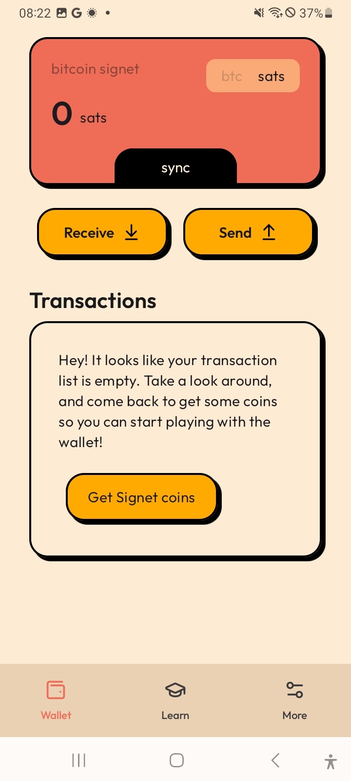 Empty wallet with get signet coins prompt