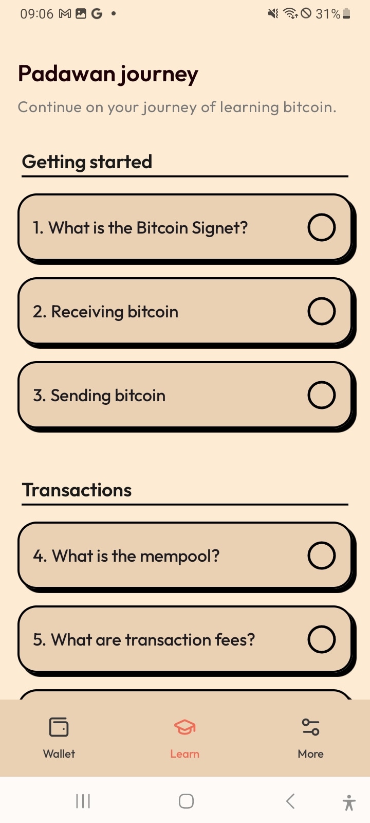 Learning journey screen with lesson categories