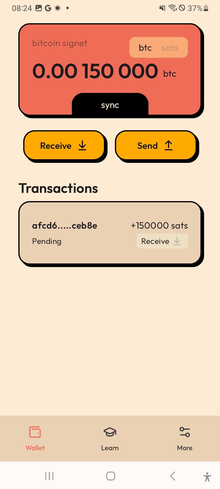 Main wallet screen with balance toggled to BTC