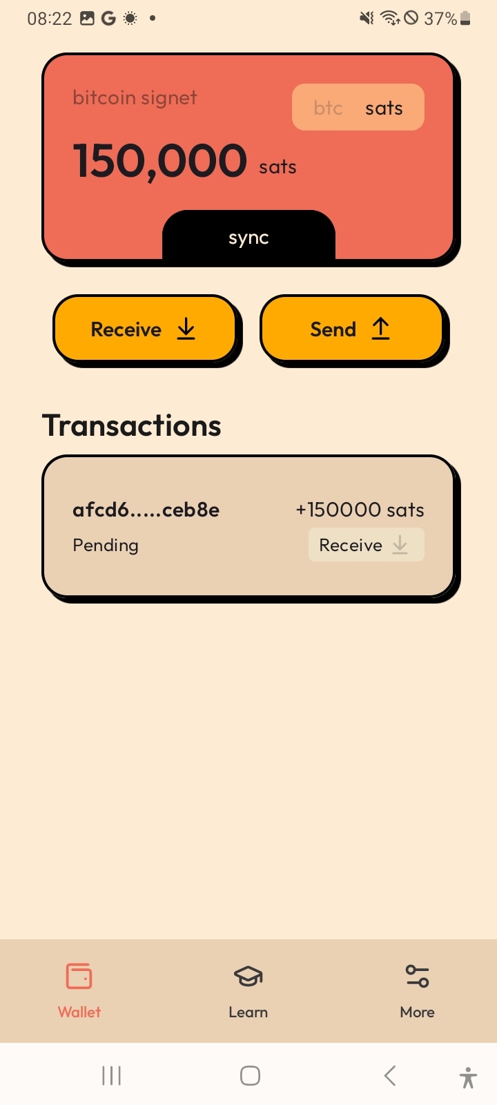Main wallet screen with pending receive transaction in sats