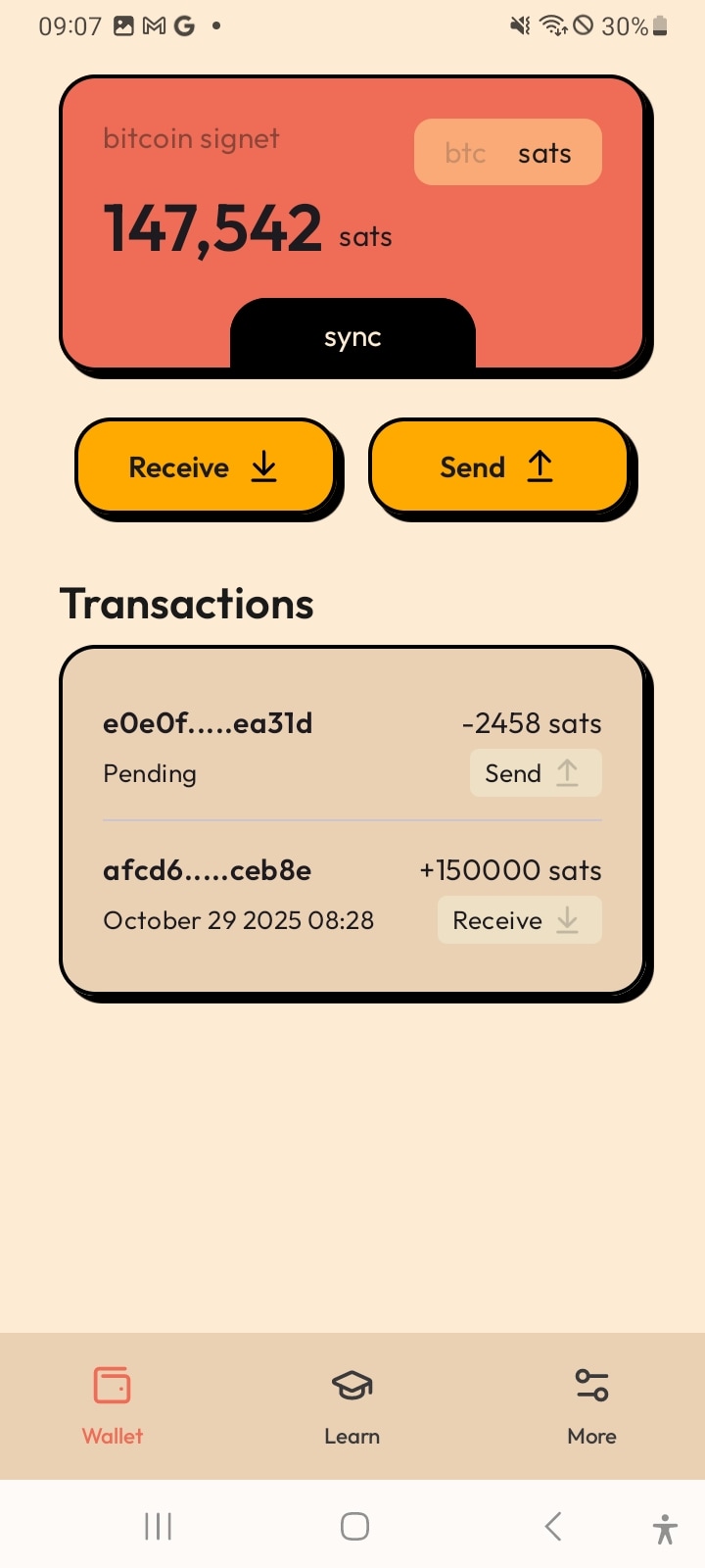 Main wallet with pending send and completed receive transactions