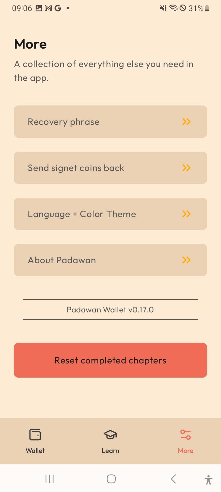 More menu with settings and options