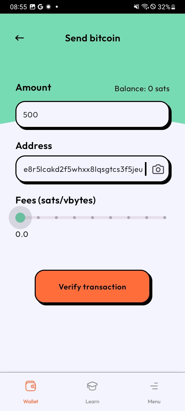 Send bitcoin screen with fee adjustment slider
